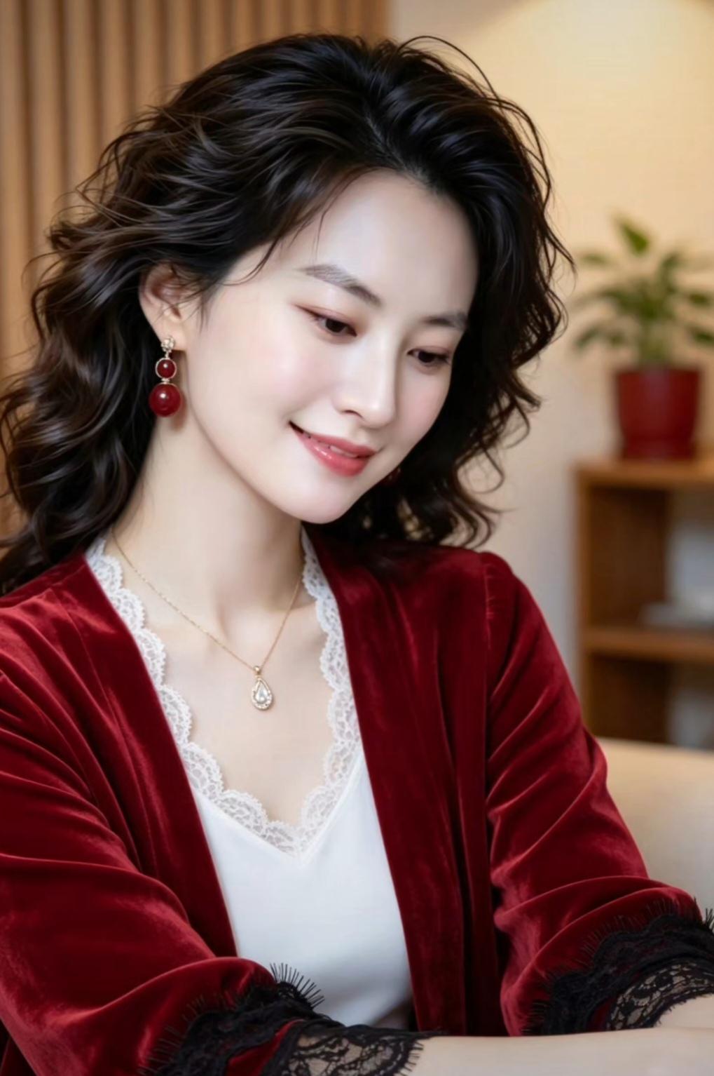 她穿着红色丝绒外套，微笑温柔。