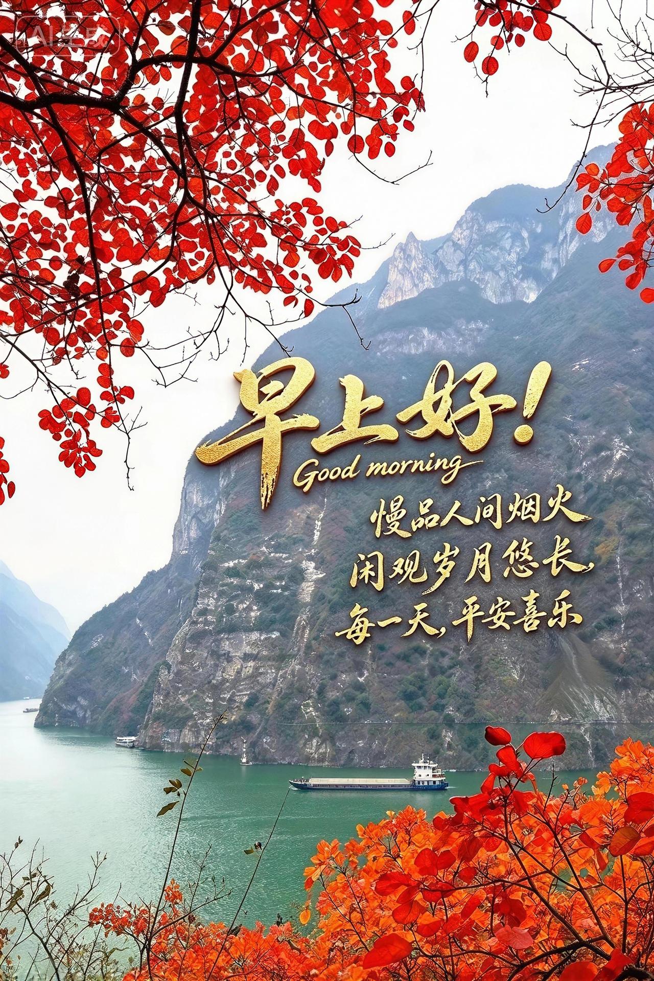 红枫染秋山，江上船儿悠，早安！慢品人间烟火，愿你每一天平安喜乐。