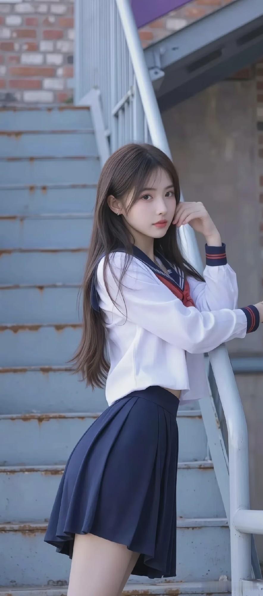 这个女生穿着校服在楼梯上摆姿势。