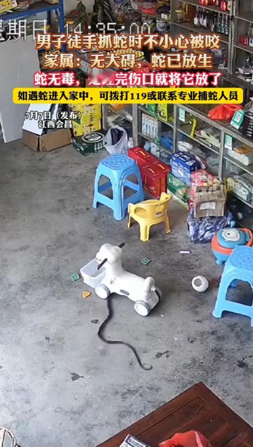 “心太宽了！”7月6日，江西，一条黑蛇快速跑进一小卖铺中，男子看见后，逞强去徒手