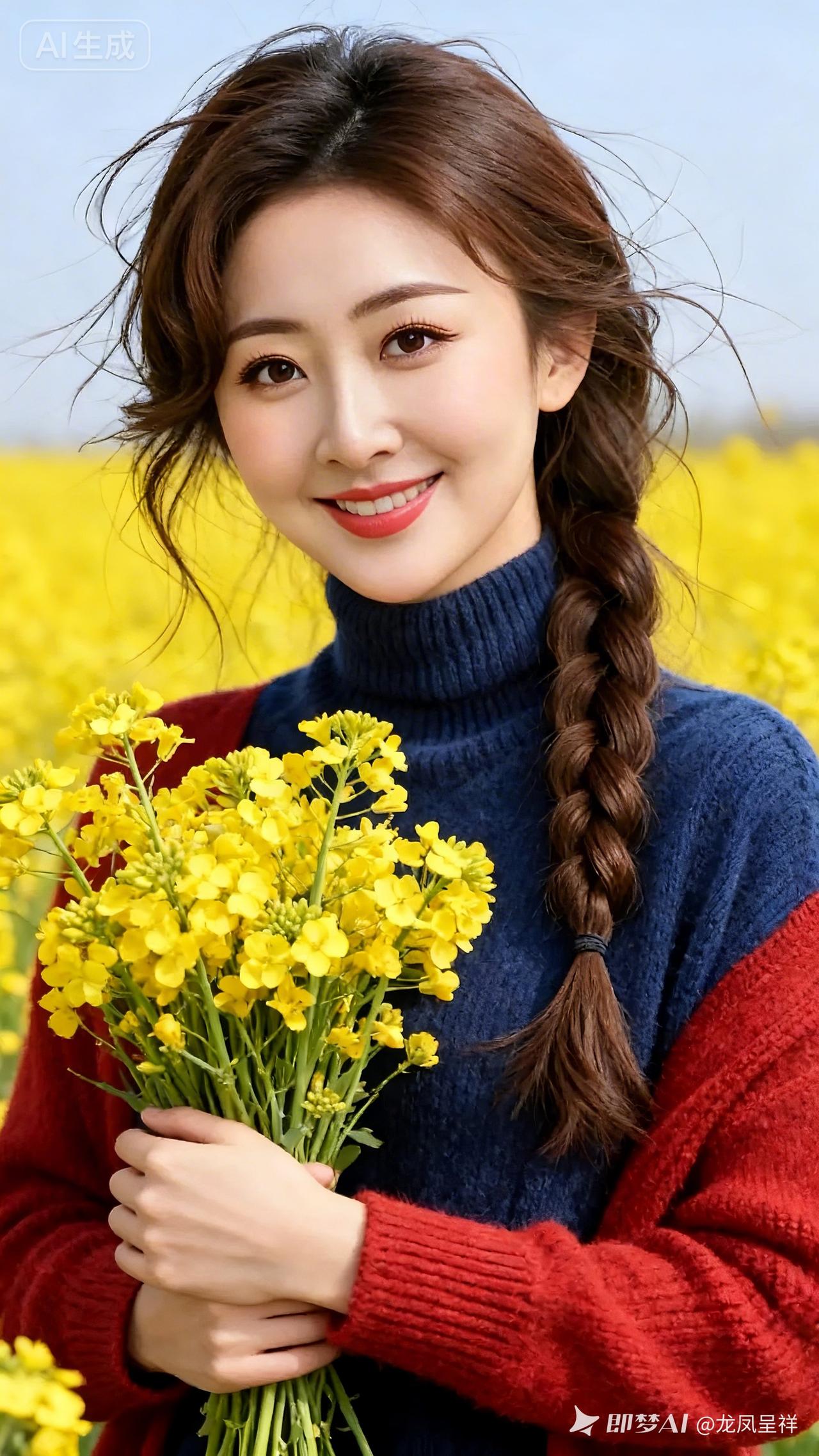 阳光明媚的田野里，少女手捧一束黄色野花，微笑如花绽放。🌸🌼🌻