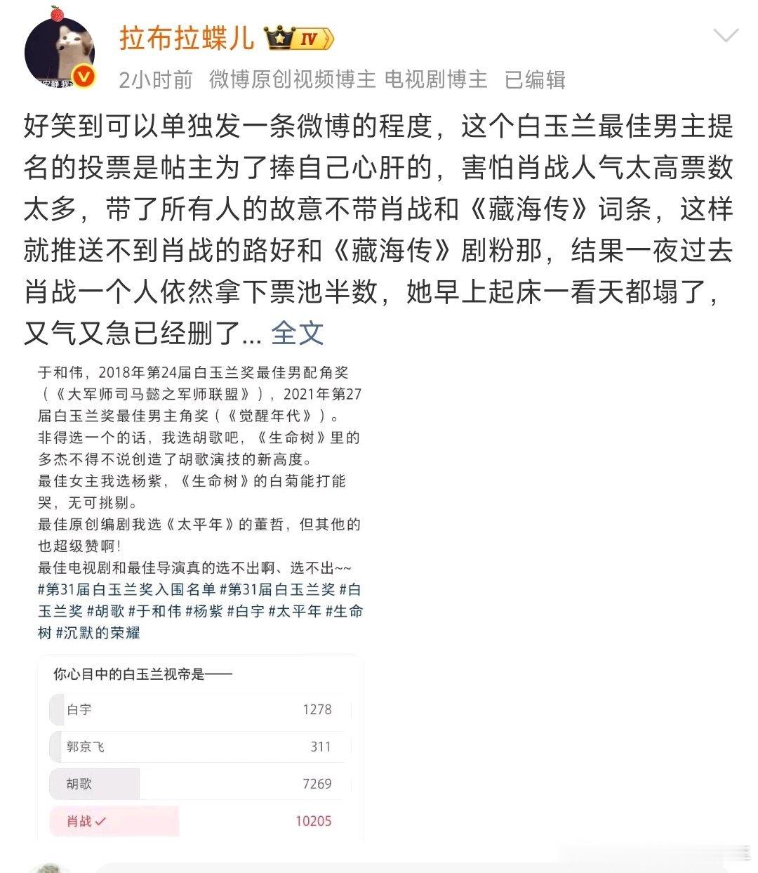 还有这操作，白玉兰最佳男主提名的投票是帖主带了所有人的故意不带肖战和《藏海传》词