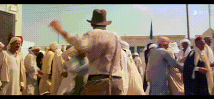 夺宝奇兵1的名场面
原本这是一场武打戏，结果当时主演哈里森福特拉肚子，拉的虚弱到