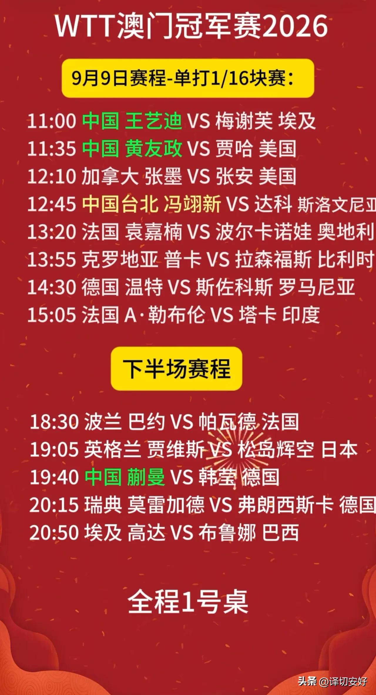 WTT澳门冠军赛2026年9月9日赛程表。