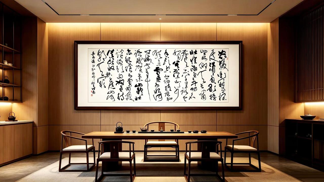横幅草书岳飞《满江红》挂在茶室是这样的感觉 闲居茶室，提笔挥毫写下横幅草书岳飞《