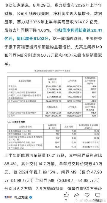 赛力斯这半年，营收低了，但利润却更高了，国内车企都馋哭了吧