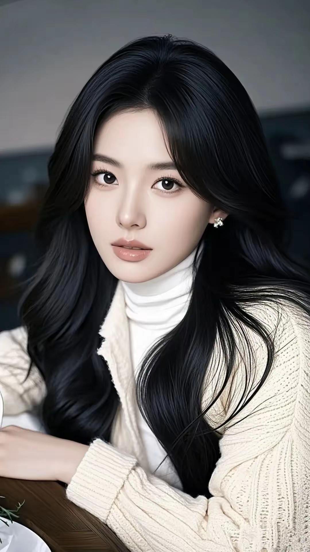 温柔甜美的冬日穿搭，温暖米色毛衣搭配白色高领衫，黑发飘逸，冬日里的温暖时光。你觉