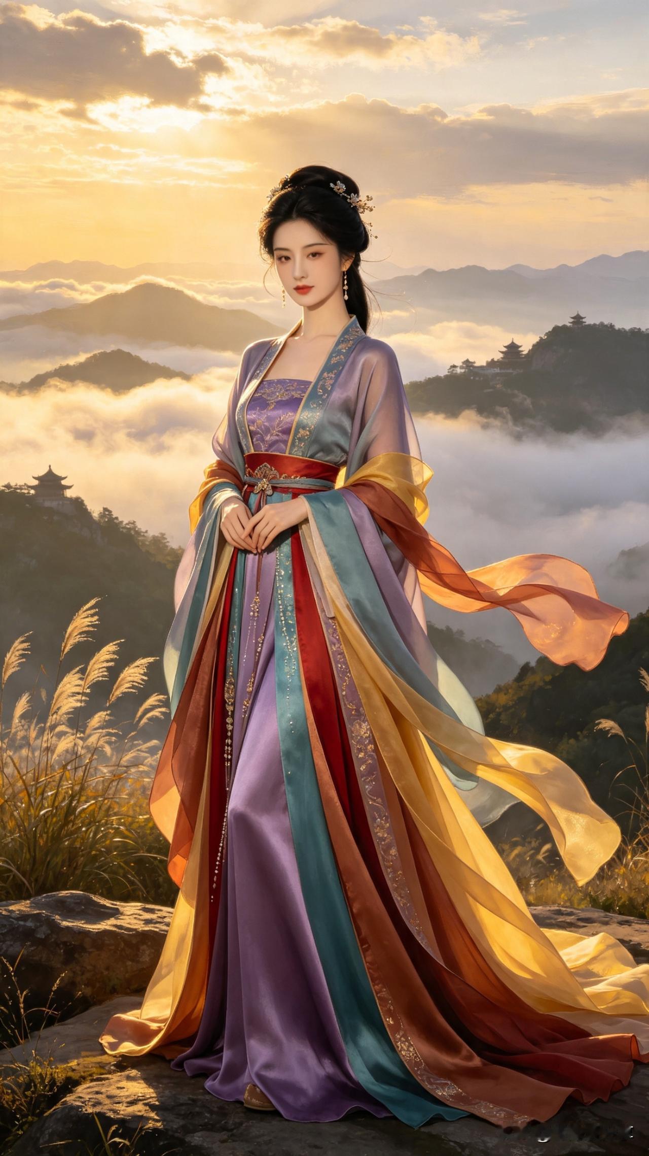 鹧鸪天·云巅霓裳

紫陌红尘隔万重，云巅独立沐金风。
霓裳五色流光转，玉带千结映