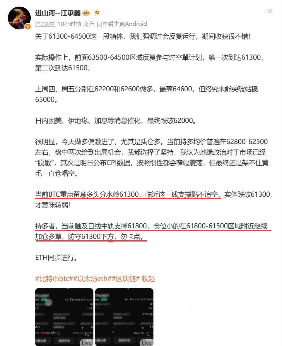 BTC二次触及61800，空仓也好，拉均价也罢，给了充足的应对空间。目前反弹62