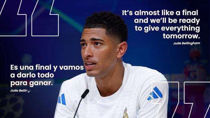 贝林厄姆在对阵拜仁赛前发布会：【这样一场比赛最重要的是什么？】“最重要的是置身其