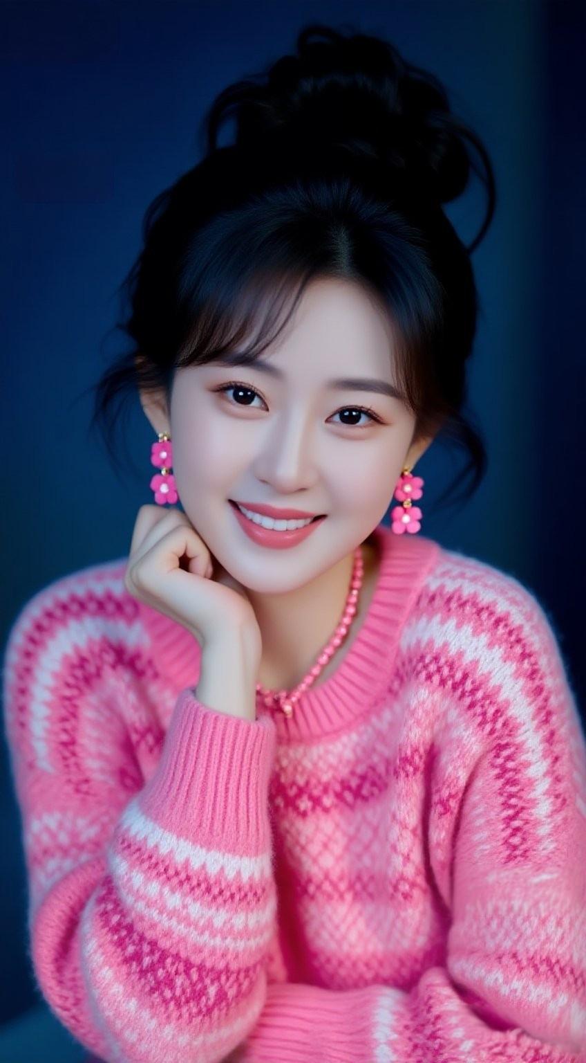 甜美少女心爆棚，粉色毛衣搭配大耳环，元气满满！💖💕