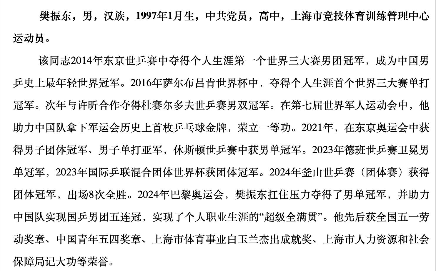 樊振东上全国劳模和先进工作者推荐名单   3月7日，上海市总工会发布112名上海