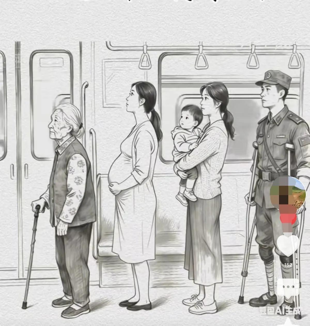 某日，一辆公交车在某第一人民医院门口停靠。这时，上来四位乘客，第一位是个手拿拐杖