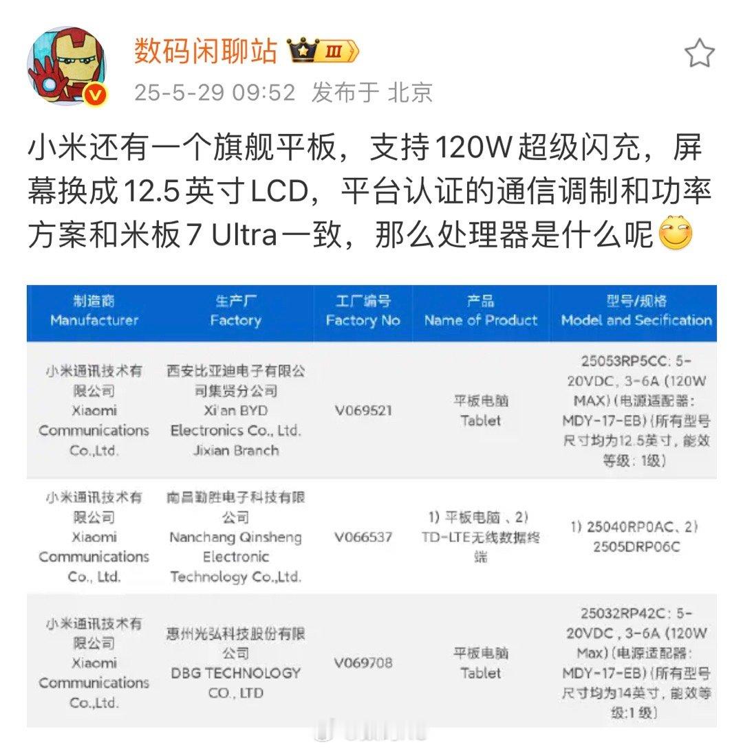 数码闲聊站透露小米还有另外一个平板要来了，120W快充，锁定旗舰平台，具体什么处