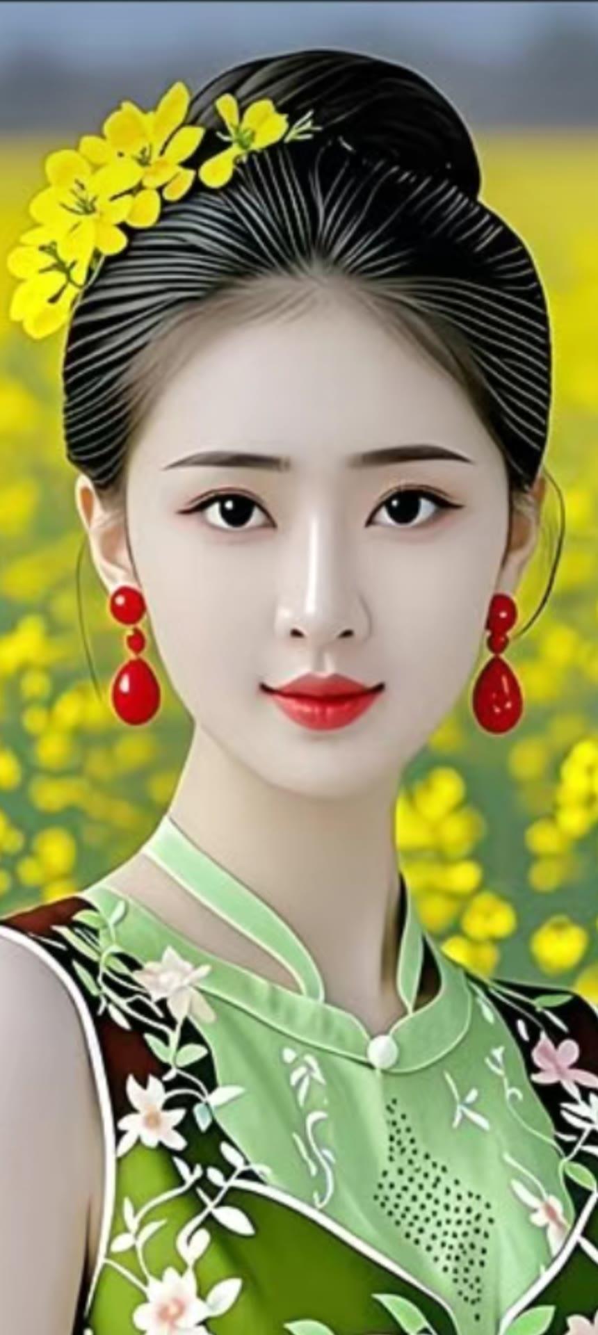 春日花海中的古典美人，红唇与绿衣相映成趣。