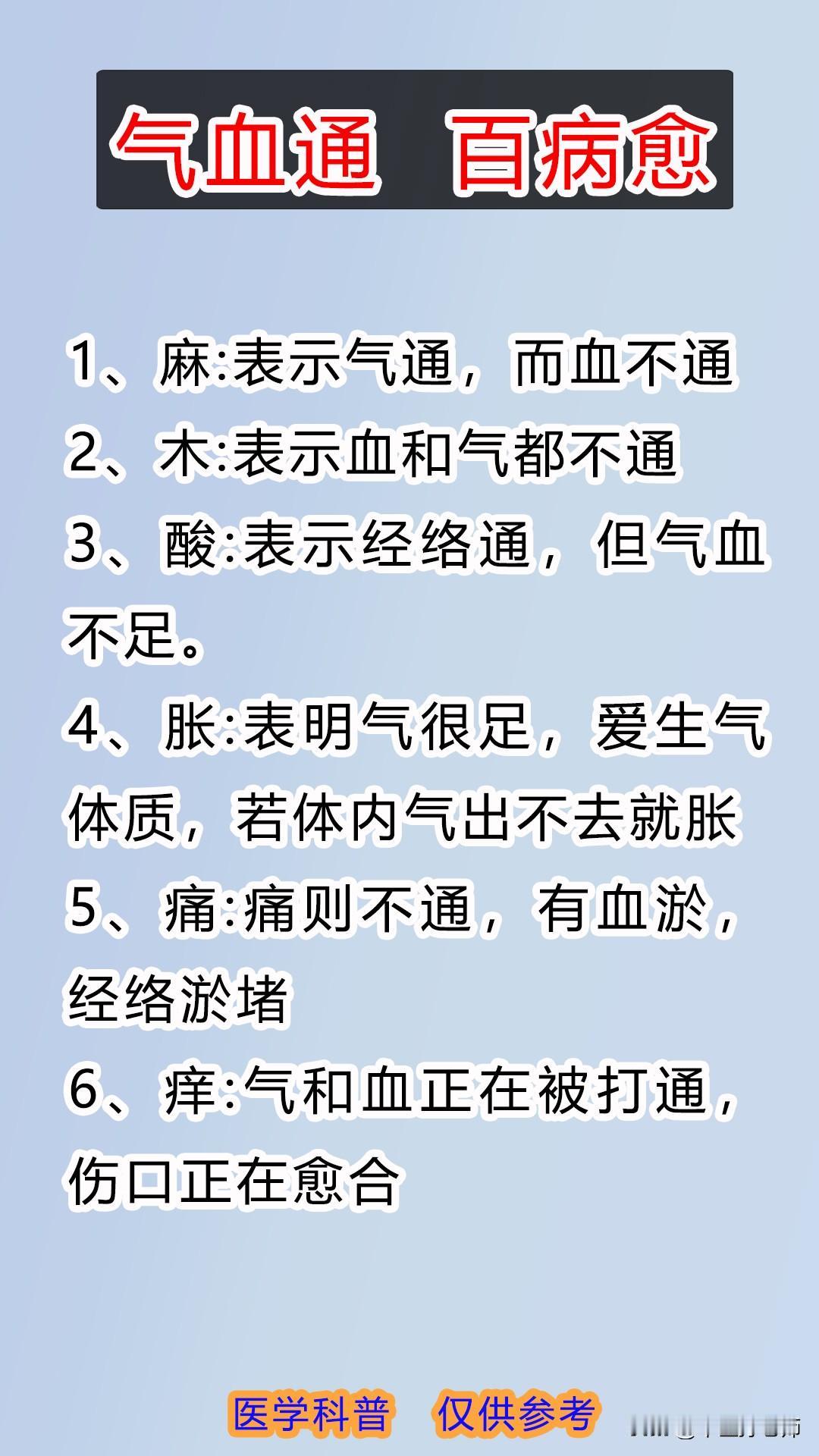 气血通 百病愈

麻：表示气通，而血不通
木：表示血和气都不通
#健康养生##中