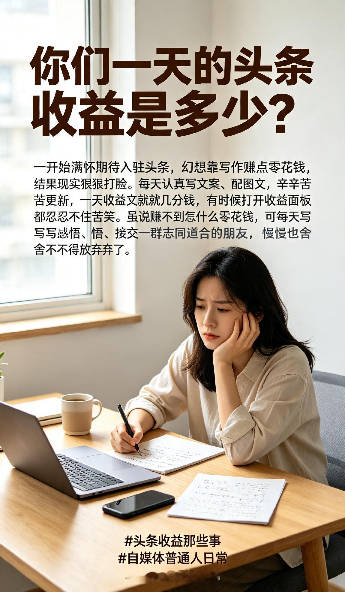 一开始满怀期待入驻头条，幻想靠写作赚点零花钱，结果现实狠狠打脸。
每天认真写文案