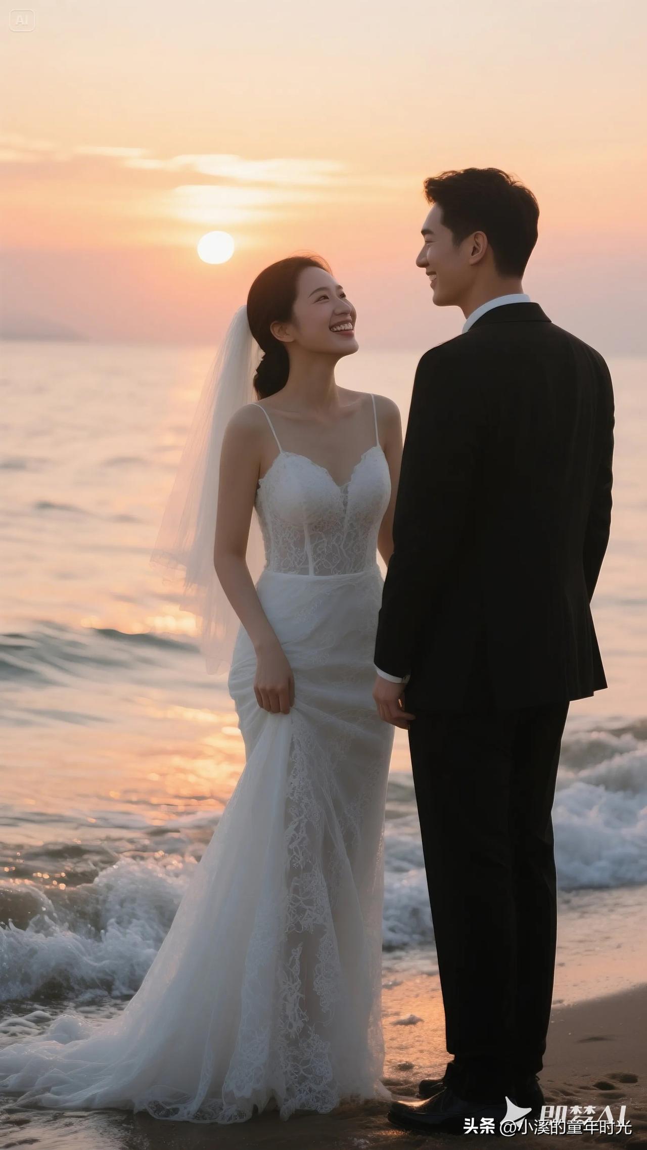 白色婚纱与黑色西装的情侣站在海边黄昏场景，温暖色调的晚霞映照水面，浪花轻拂新娘裙