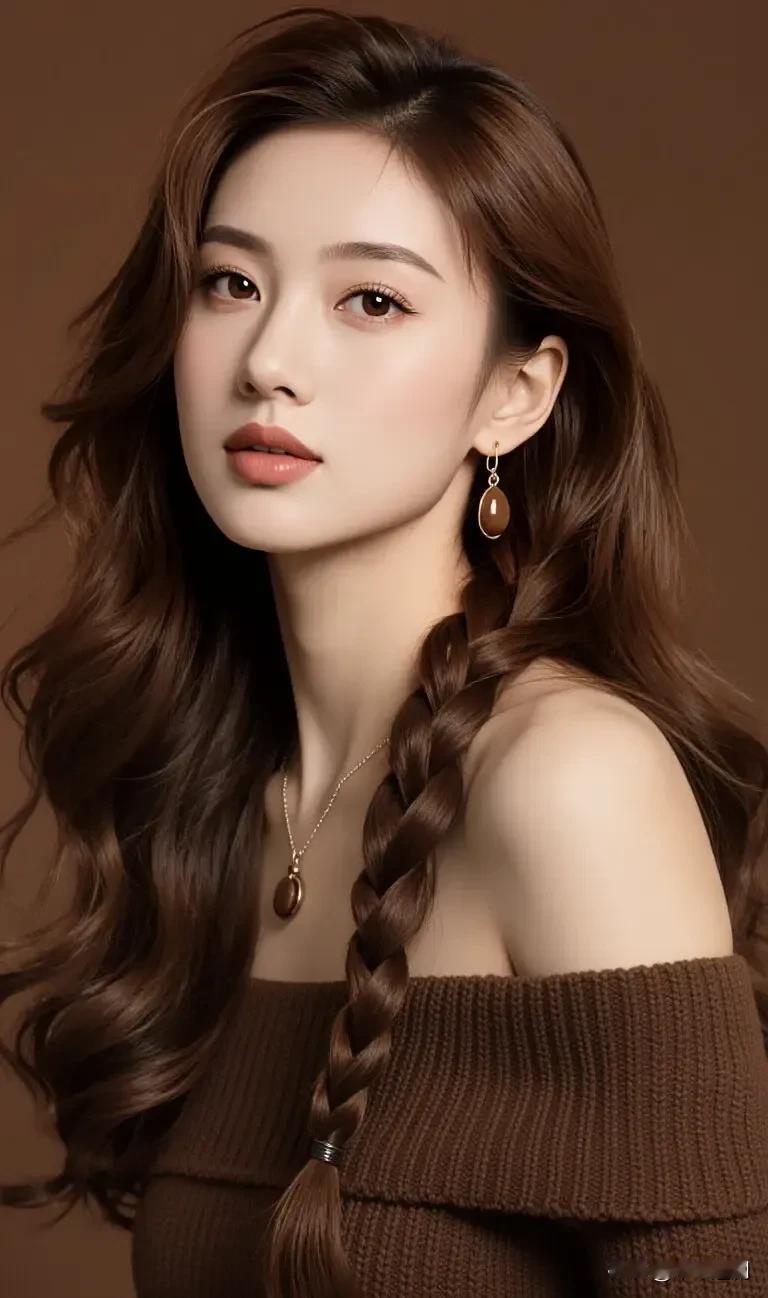 焦糖色的温柔裹着暖意，
发丝一半卷曲，一半编成慵懒的辫，
耳坠与锁骨间的坠饰相映