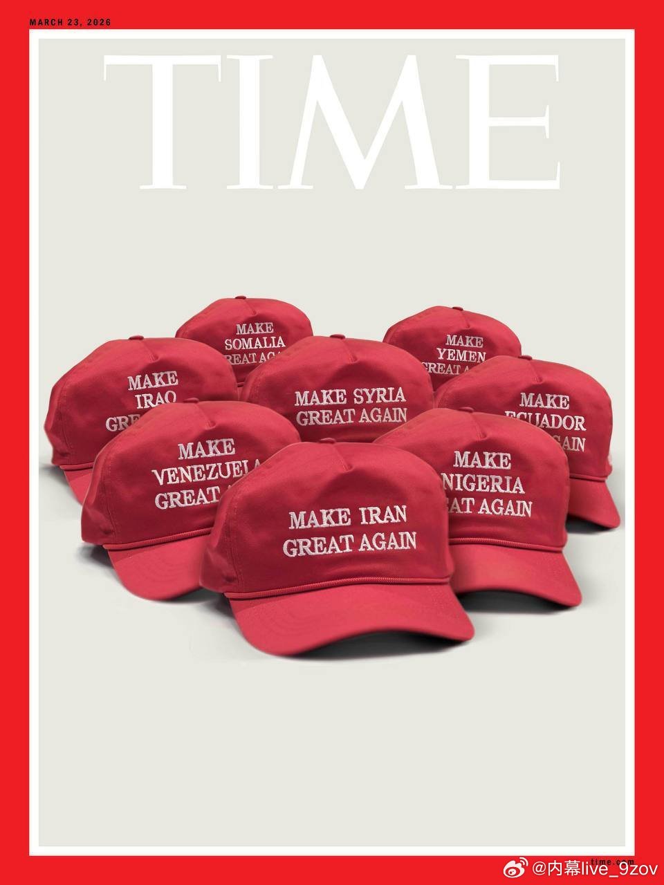 时代杂志新封面：特朗普的战争。封面图片是特朗普“让美国再次伟大”的红帽子，但帽子