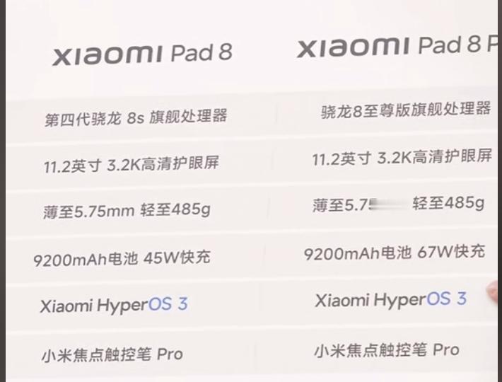 小米平板8和8 Pro的配置表出来了，这次是8S Gen4和骁龙8E，电池920
