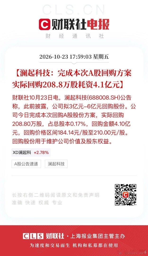 【澜起科技：完成本次A股回购方案 实际回购208.8万股耗资4.1亿元】财联社1