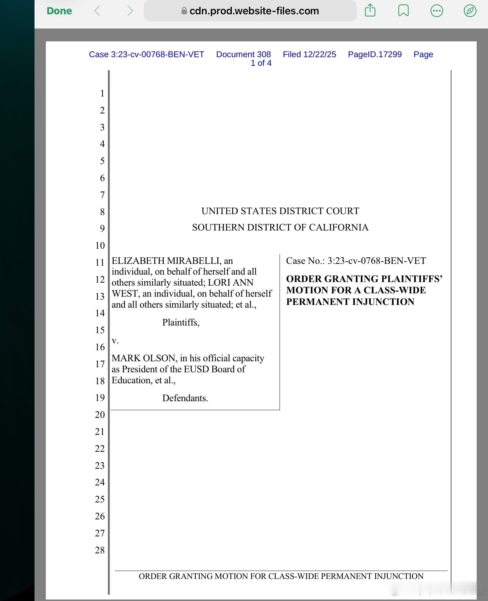 加州南區聯邦法院的法官 羅傑・貝尼特斯（Roger Benitez） 作出簡易判