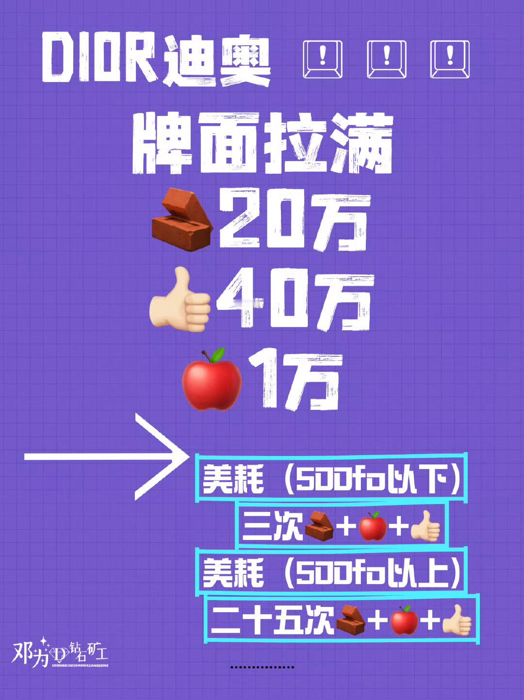 🔥速来做‼️排面拉满迪奥：耗（500fo以下）三次🧱+🍎+👍🏻耗（50