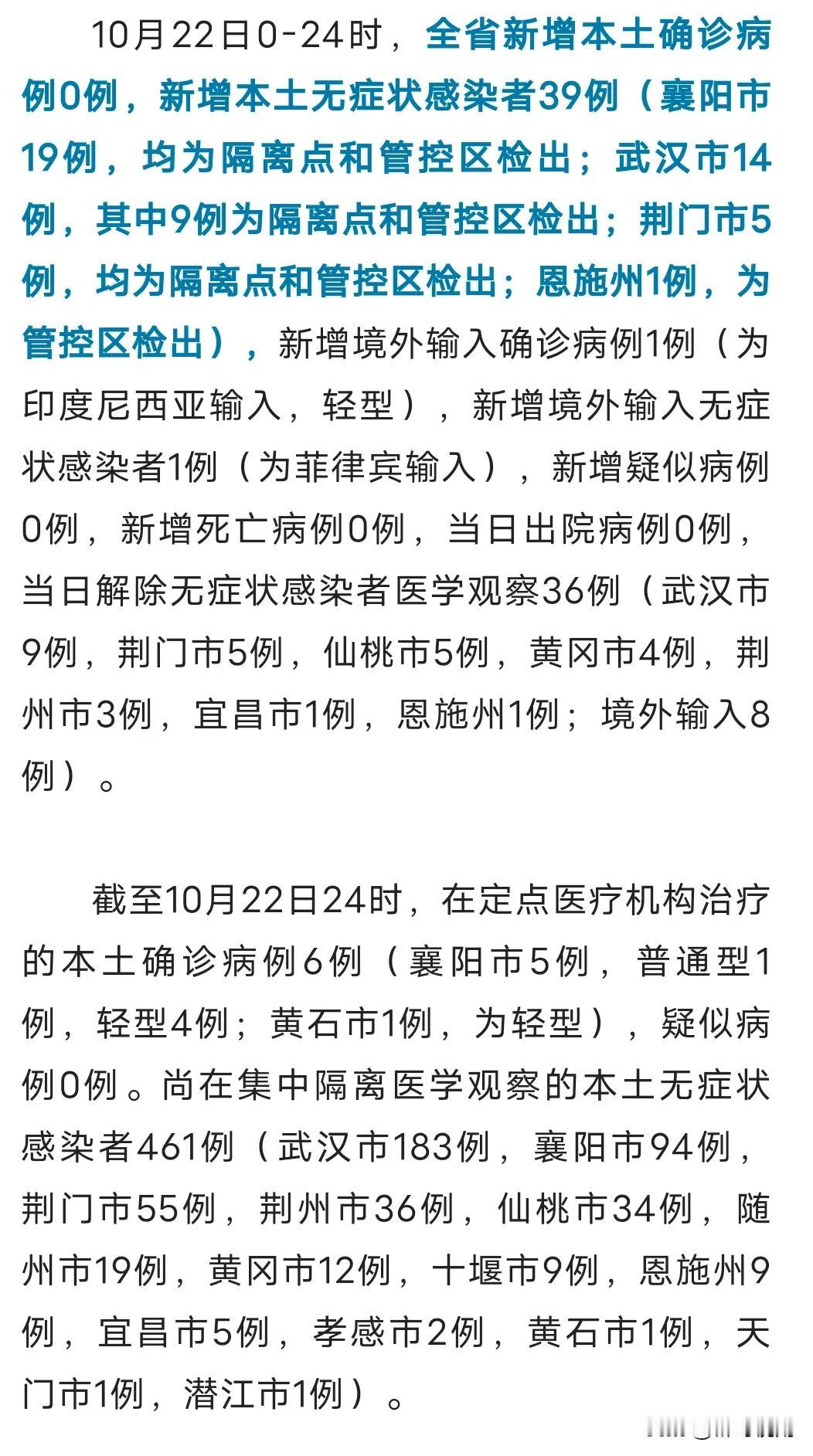 10月22日湖北省新冠肺炎疫情情况，新增本土无症状感染者39例（襄阳市19例；武