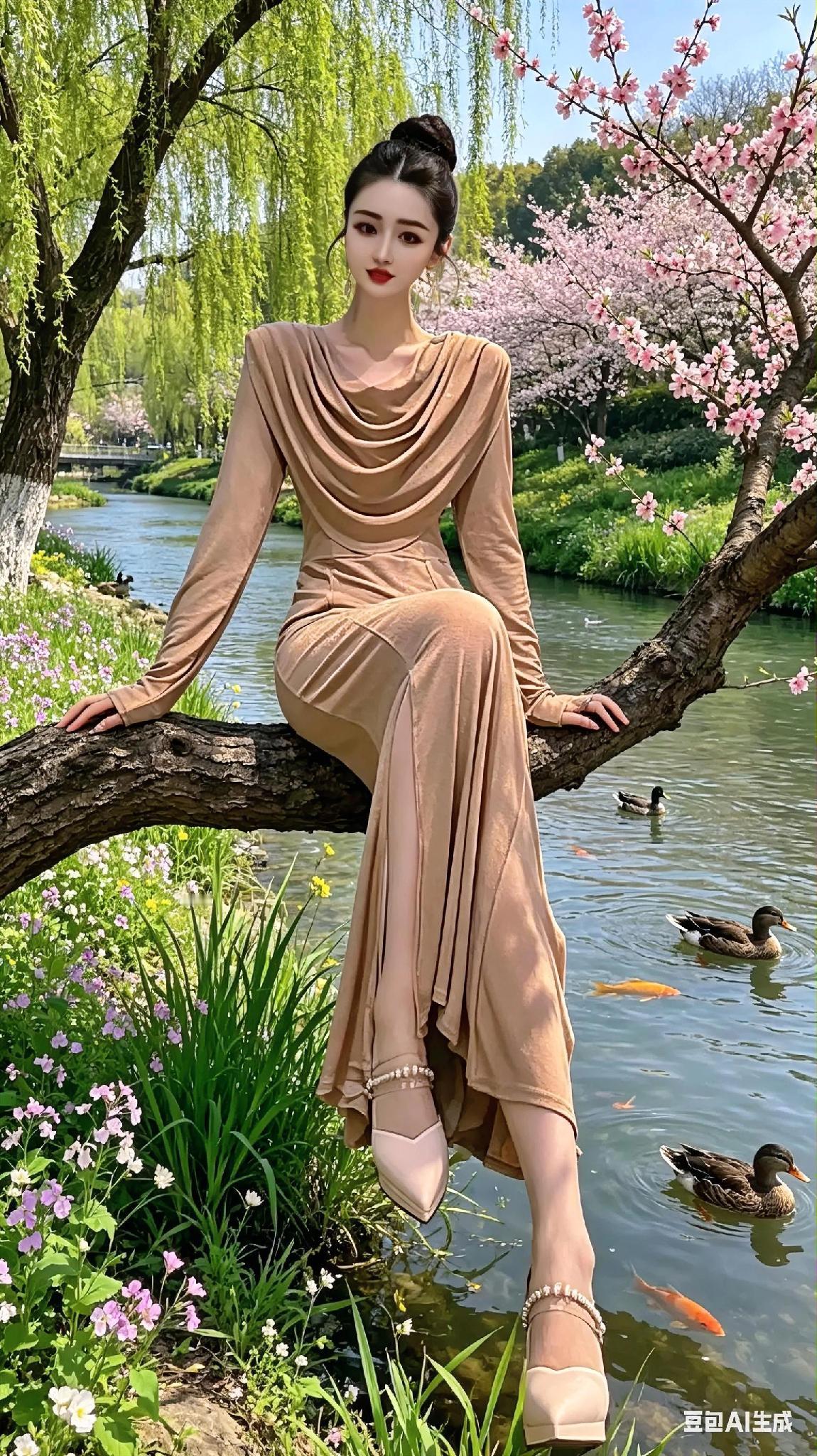 春风拂面来，美人倚树坐。
春风吹绿岸边柳 
绿柳亲春风 
古典美人韵 
湖边美人