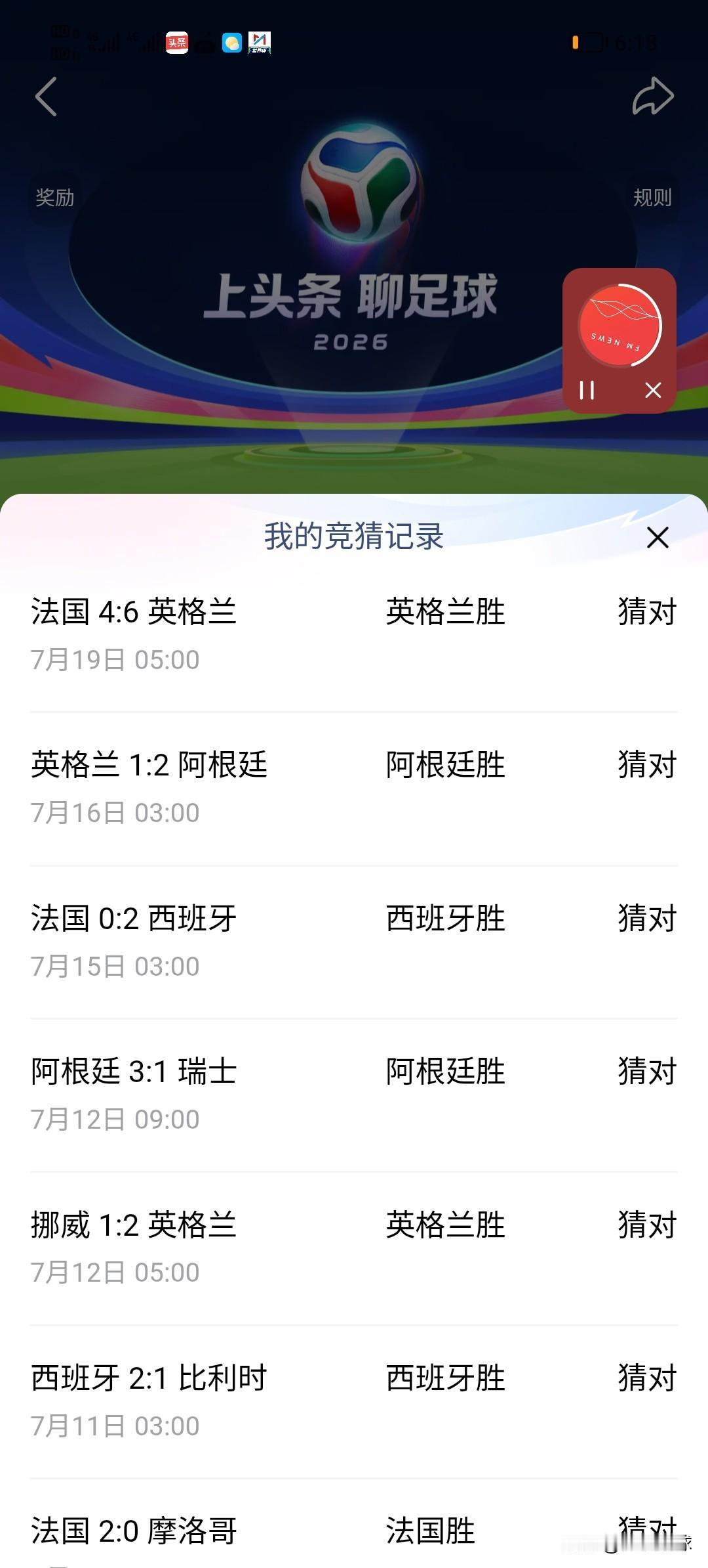 加上今天西班牙夺冠，从八强开始，全部猜对，8场比赛，连同提前预测西班牙和阿根廷踢