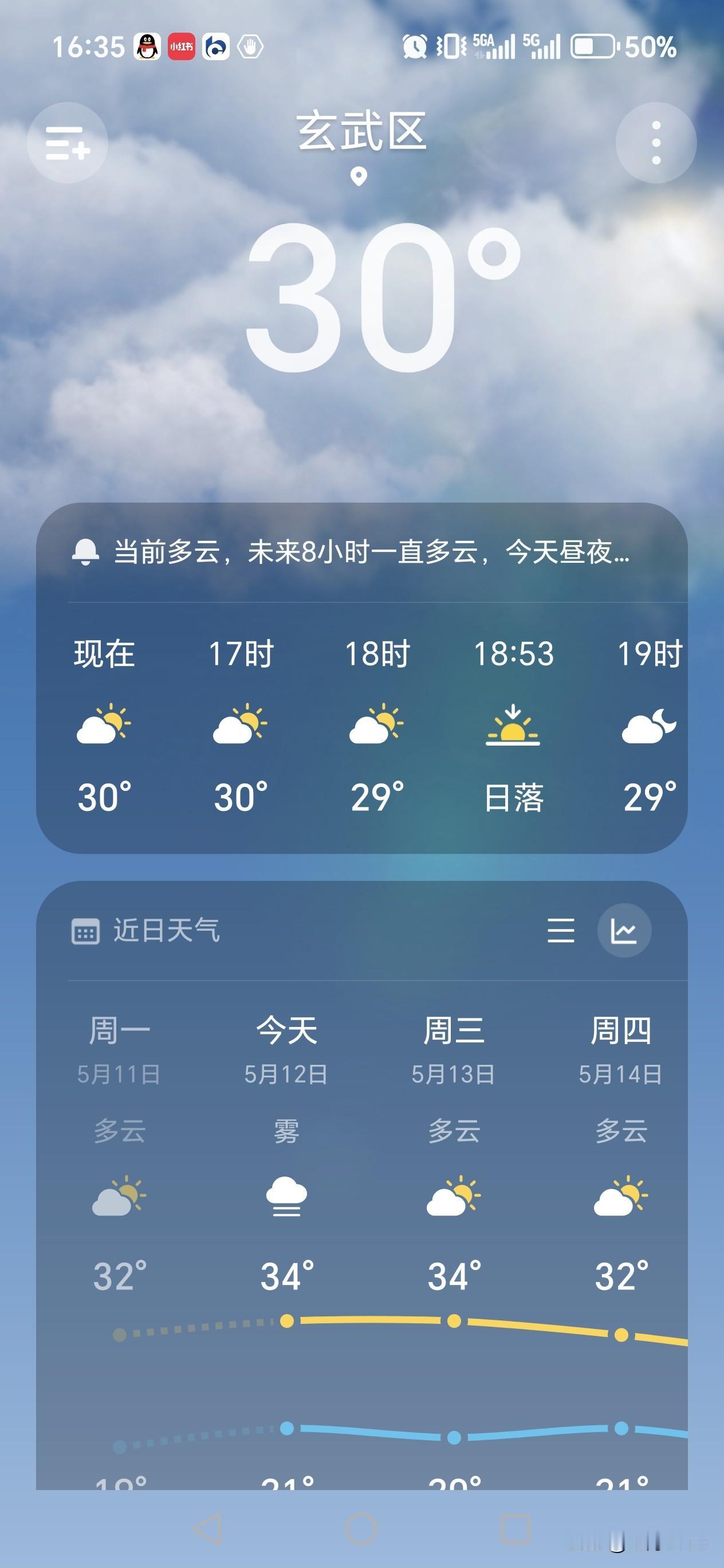 今天南京的最高温度34℃，空气中雾蒙蒙的，闷热难耐，妥妥的桑拿天啊。
从早到晚，