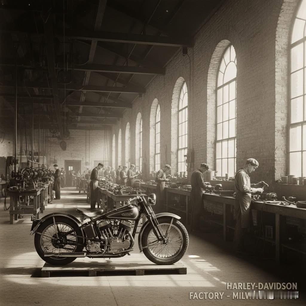 这张黑白照片展示了哈雷戴维森（Harley-Davidson） 1924 年在密