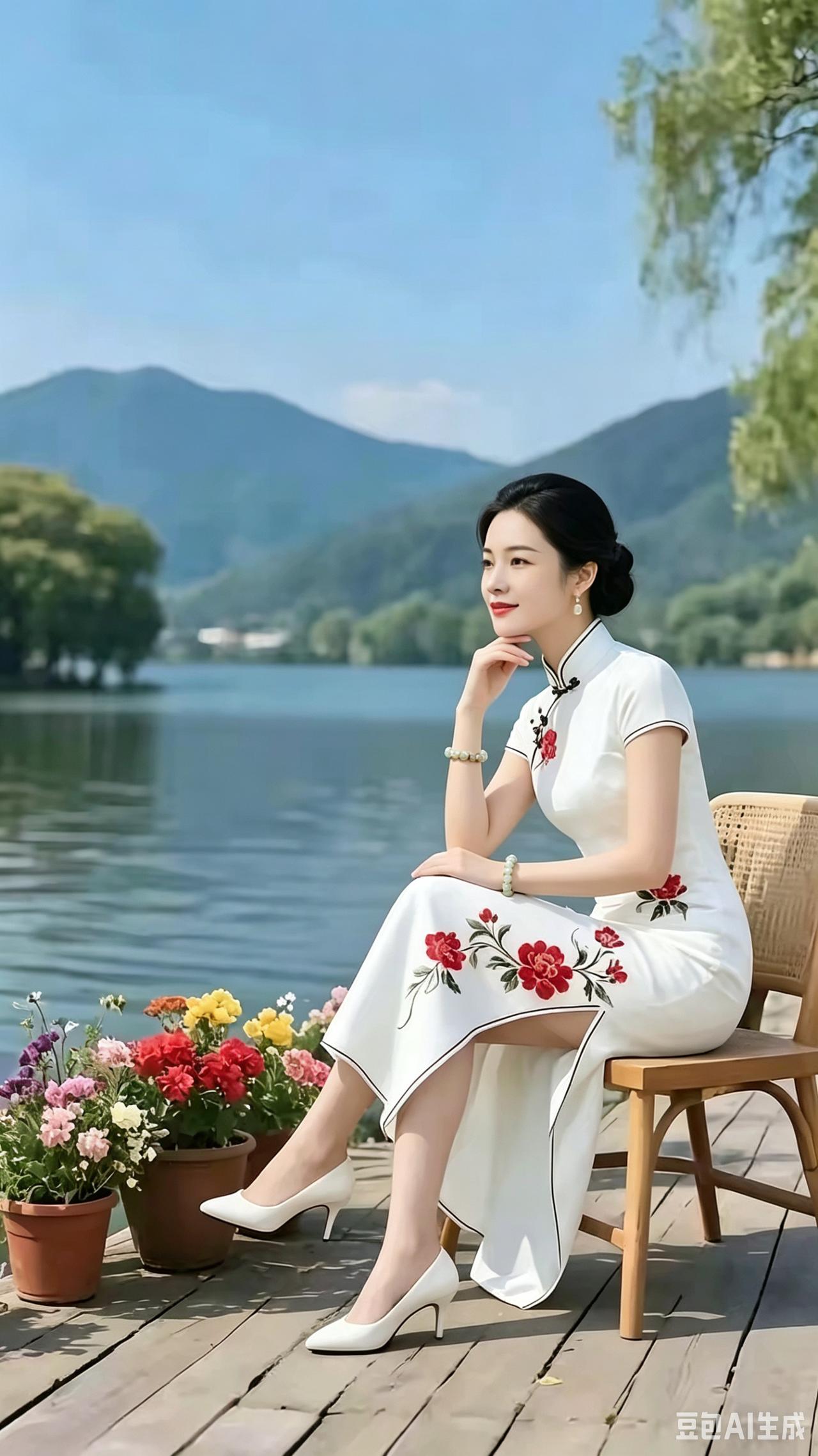 湖边，一位身着旗袍的美人托腮沉思，不妨猜猜她心中所想？
正文
青山湖风光旖旎，一
