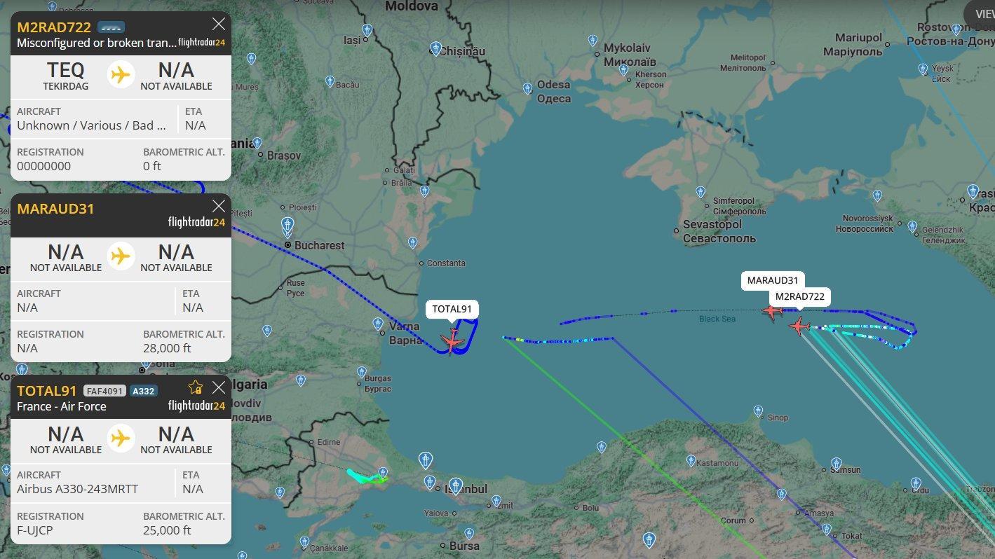 🔻F24数据显示：至少 2 架法国战斗机在黑海上空飞行，由注册号为 F-UJC