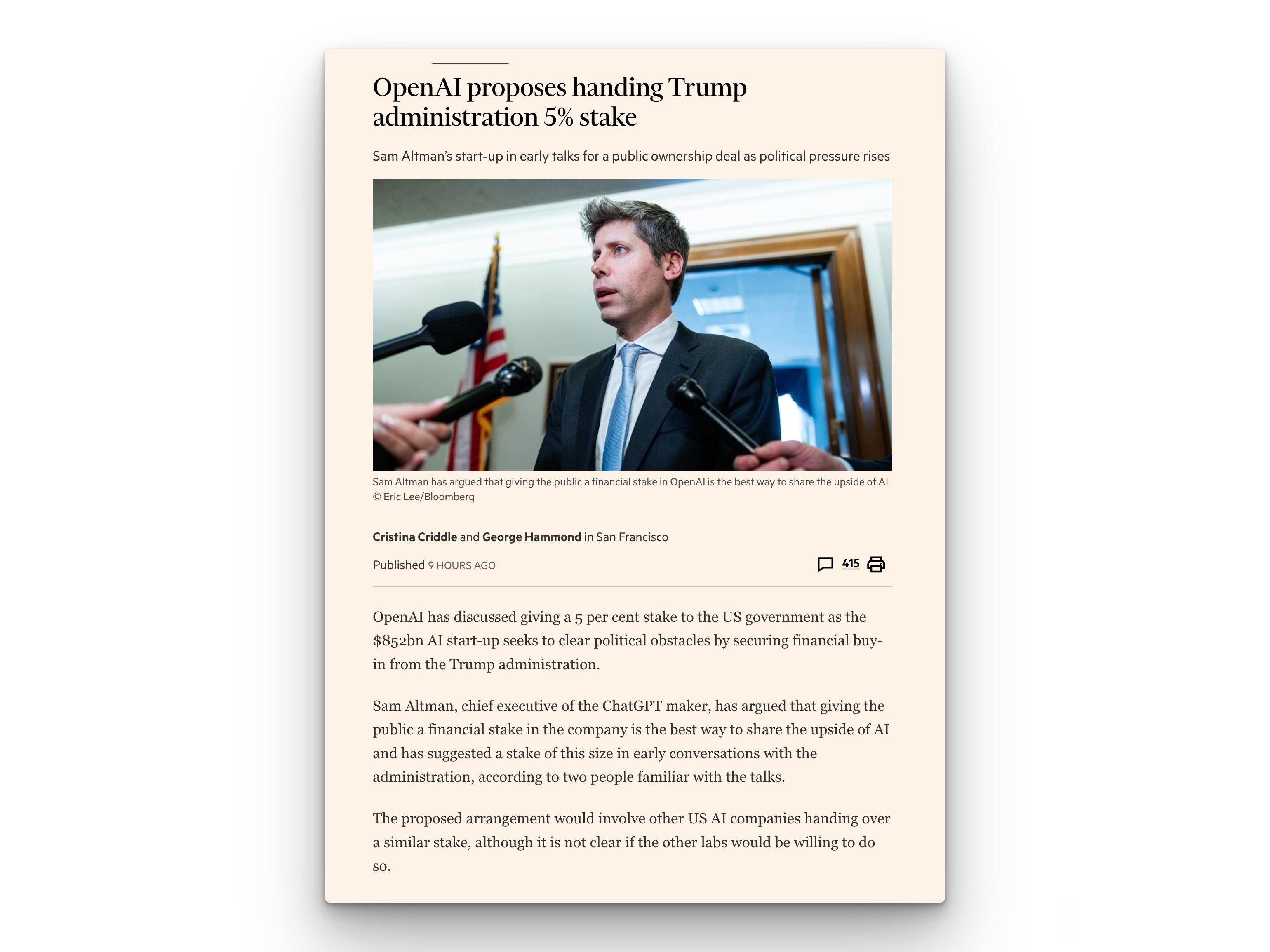 OpenAI 提议向美国政府转让 5% 的股份《金融时报》报道，OpenAI已与