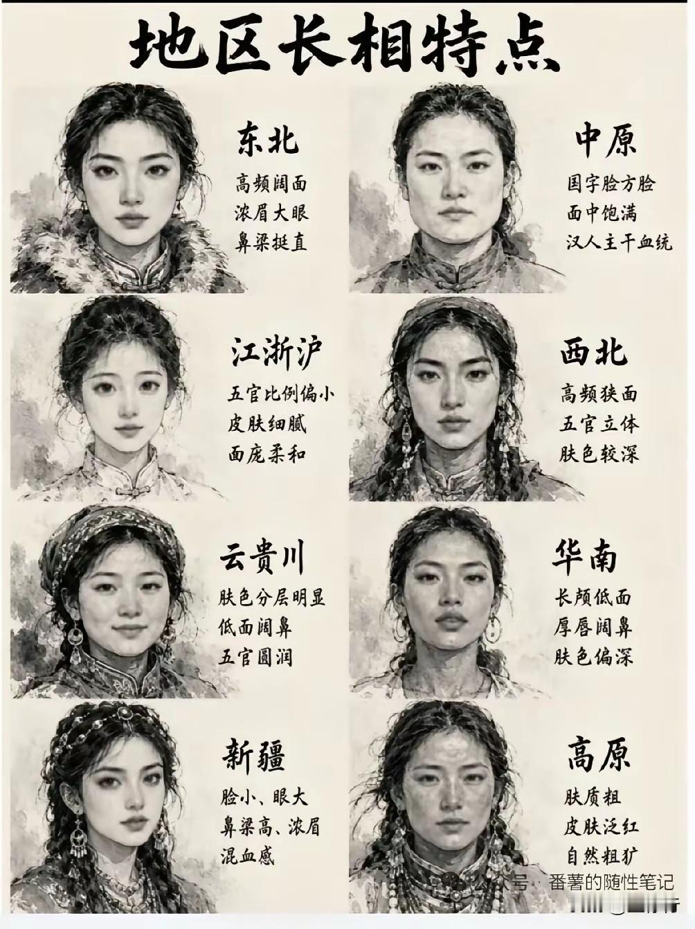 各地区有各地的长相，各有各的特点。随着各民族的大融合及地域的不断迁徙，长相也在潜