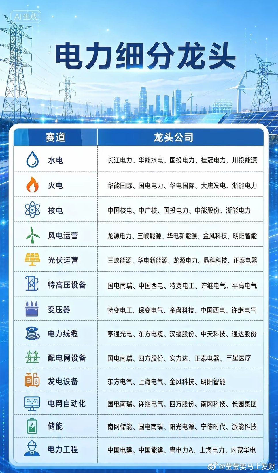 电力板块全赛道梳理！13个细分领域核心龙头全汇总电力是贯穿全年的稳增长主线，火电