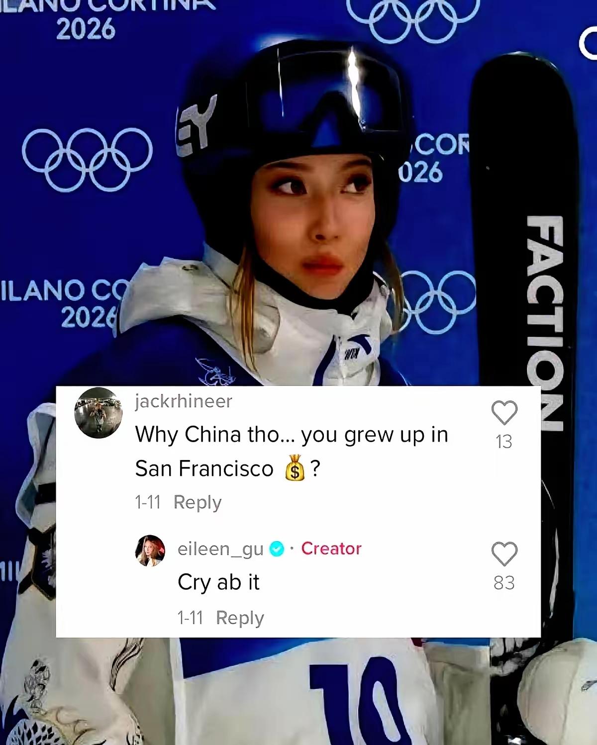 我来翻译一下：我乐意，气死猴！
有人在网上质问谷爱凌：你明明在美国长大，凭什么代