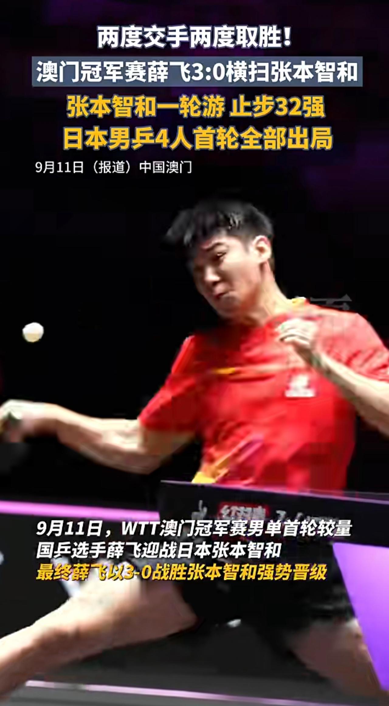 恭喜中国队薛飞3-0战胜日本队张本智和