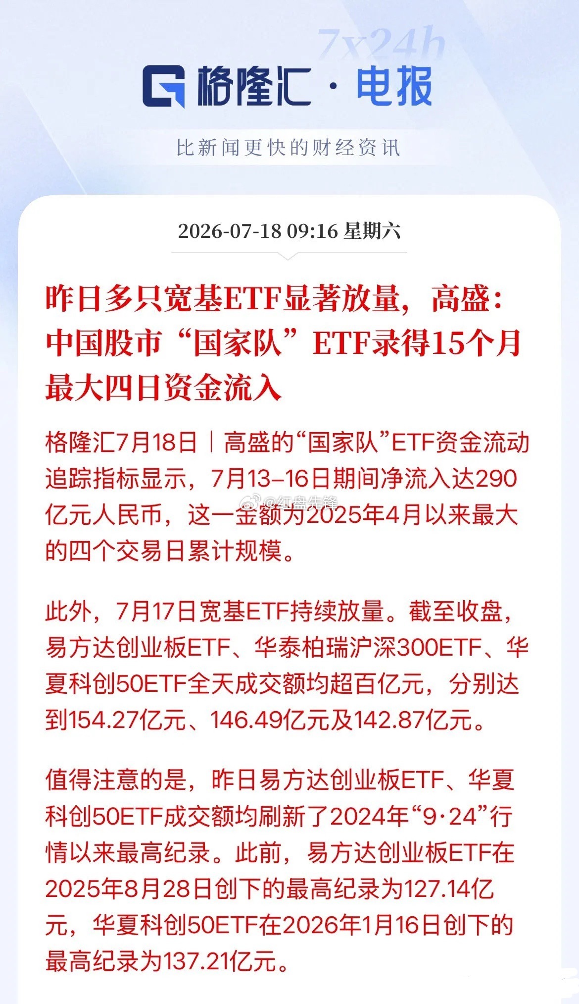高盛放出消息，称国家队开始进场抄底了。昨天各大宽基ETF资金大举涌入，创业板、沪