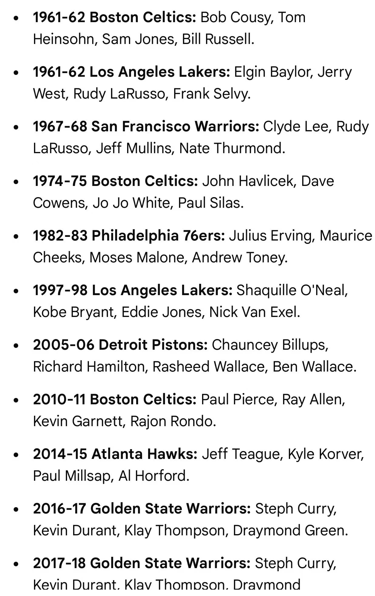 1961-62赛季至今有11支球队拥有4位当赛季入选全明星的球员，而从2005-