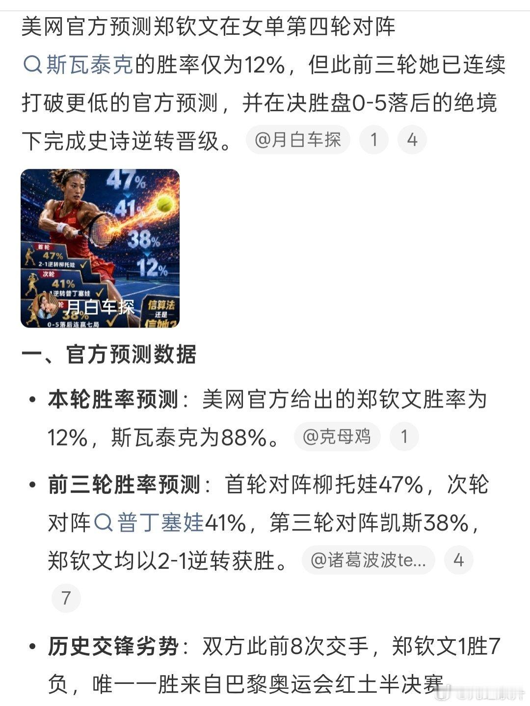 只要美网预测郑钦文胜率低，每一次她都赢了 ​​​