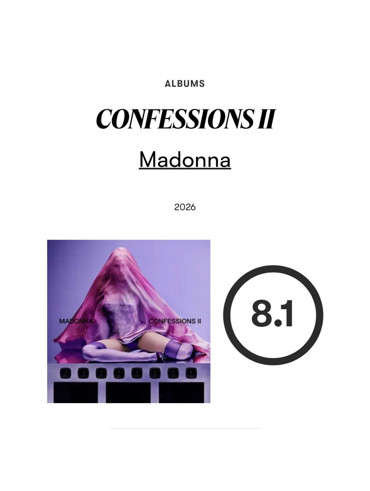 Madonna 第十五张录音室大碟『CONFESSIONS II』乐评机构 Pi