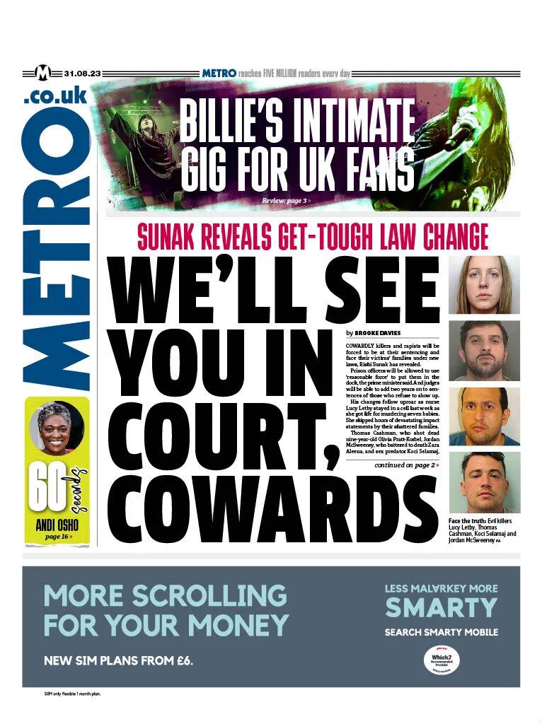  英重刑犯将需出庭听取判刑 

《都市报》报道，英国首相苏纳克透露，英国政府将修