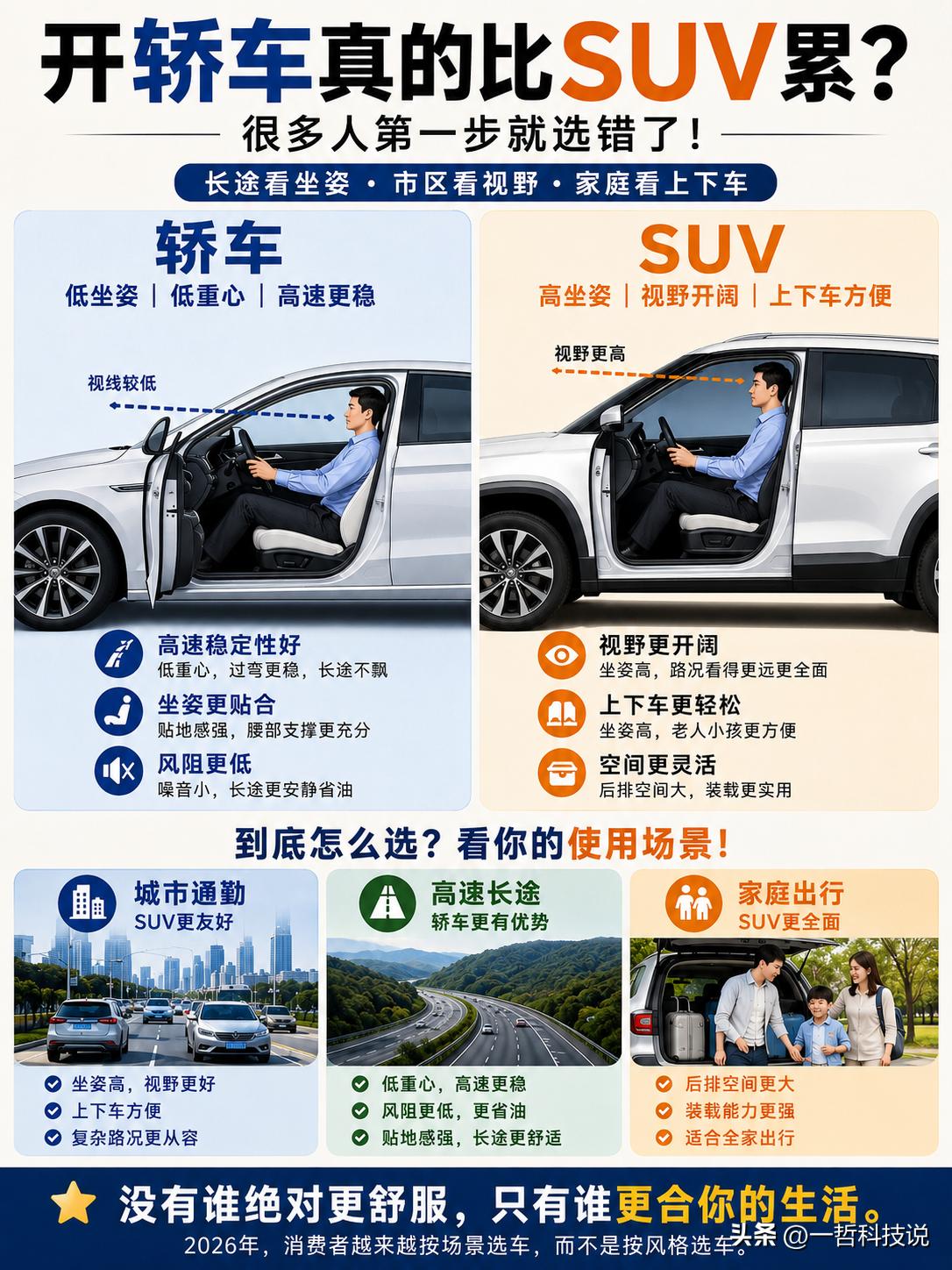 看了这张图才明白，原来开轿车真不一定比SUV累！

很多人买车时，总觉得SUV坐