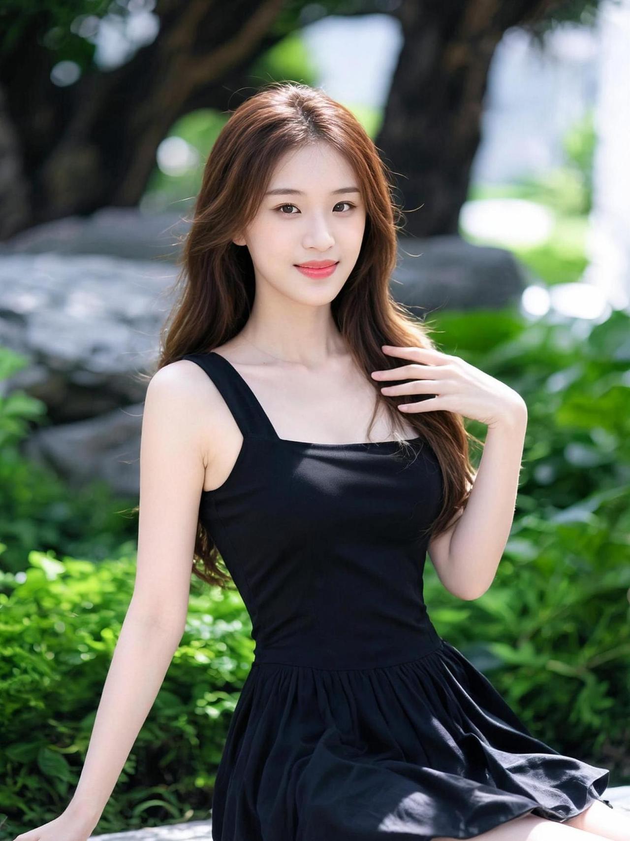 在这片绿意盎然的背景中，黑色连衣裙与自然形成了鲜明的对比，仿佛是夏日里的一抹神秘