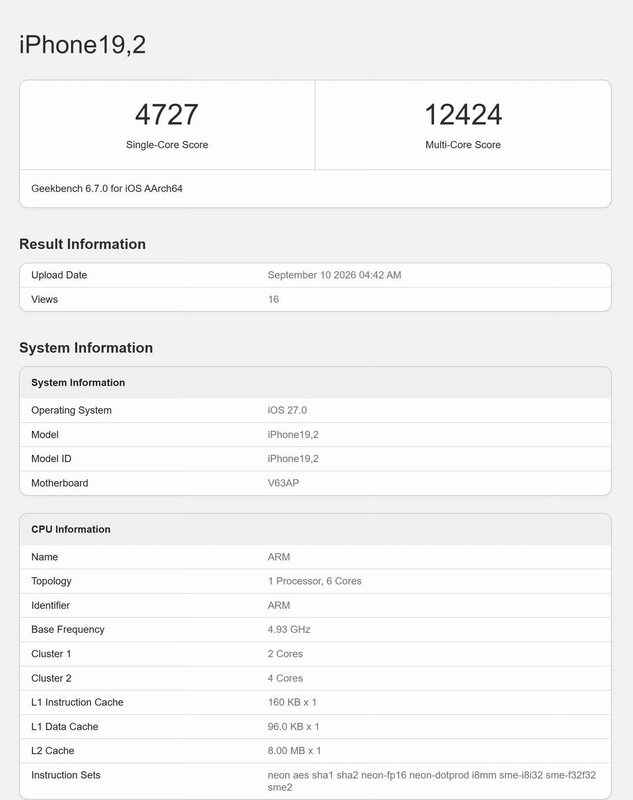 苹果A20 Pro Geekbench6 跑分出来了！

单核4727，多核12