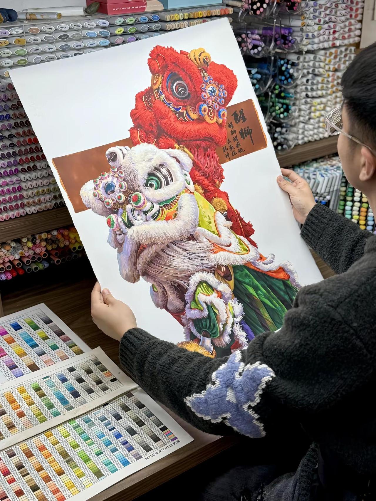 画画人的熬夜肝图现场。醒狮 雄狮少年 马克笔手绘 画画