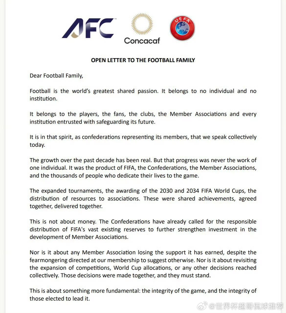 三大足联发布联合声明谴责FIFA如今欧足联55个会员、亚足联47个会员、中北美4
